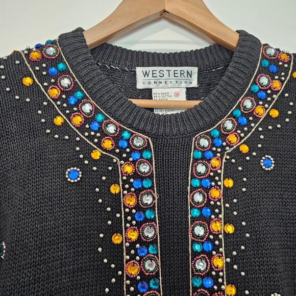 Vintage Beaded Sweater Womens Medium Black 90s Embellished Glam Whimsygoth Retro - Picture 6 of 9